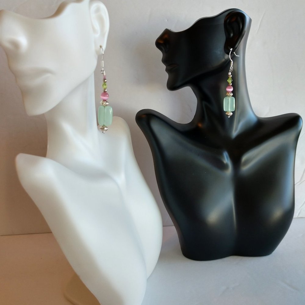 Handmade Green and Pink Earrings With Silver Plated  Fishooks